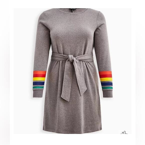 Torrid Gray Cozy Fleece Shift Dress with Rainbow Cuffed Sleeves Tie Waist 1X - Picture 2 of 9